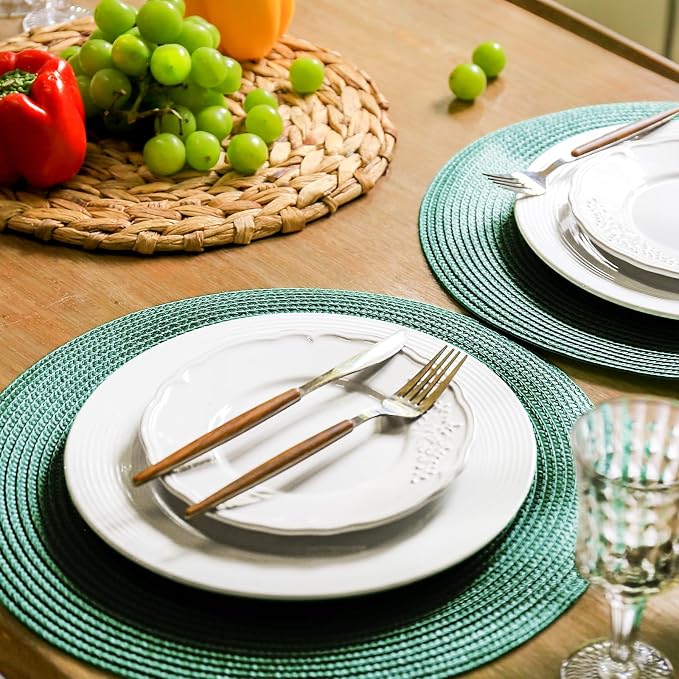 FunWheat Round Braided Placemats Set of 4 Table Mats for Dining Tables Woven Washable Non-Slip Place mats 15 inch(Black Green,4pcs)