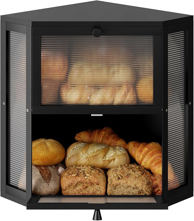 WOWLIVE Double Layer Corner Bread Box for Kitchen Countertop with 2 Doors | Bamboo Bread Storage Container, Large Farmhouse Breadbox with Acrylic Wavy Door, Under Cabinet Organizer, Black, Extra Large
