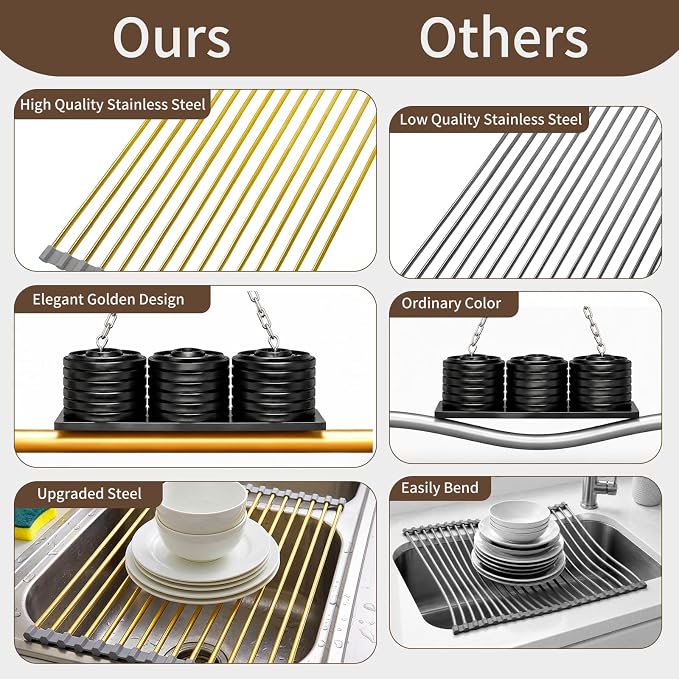 Golden Roll Up Dish Drying Rack, Stainless Steel Dish Drainer Over The Sink for Kitchen Sink Counter Storage, Applicable for Sink Width Less Than 17in (18.5'' x 11.5'')