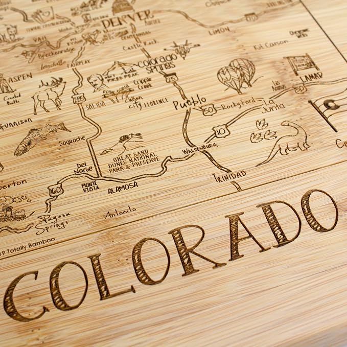Totally Bamboo A Slice of Life Colorado Engraved Map Cutting Board | 11” x 8.75” charcuterie board with engraved state map artwork. Smooth reverse side for food prep. Hang tie for wall display.