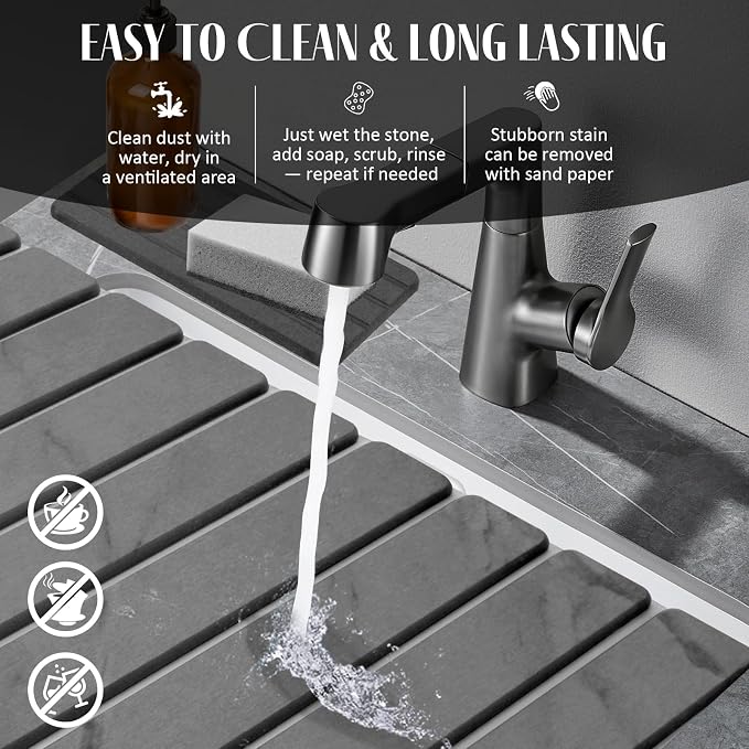 Large Stone Dish Drying Mat for Kitchen Counter, Quick Dry Dish Drying Mats, Foldable Absorbent Diatomaceous Earth Mats for Dishes Bottles Cup, Match Any Countertop (Gray Marble 28"×16" & 8"x4")