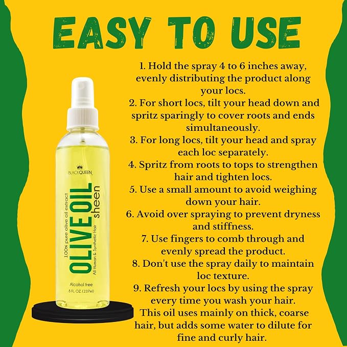 Black Queen® Olive Oil Moisturizing Spray for Locs, Braids, 4C Hair & Twists – Lightweight Hair Oil for Protective Styles – Shine, Frizz Control, Non-Greasy & Flake-Free – Made in USA – 8 oz