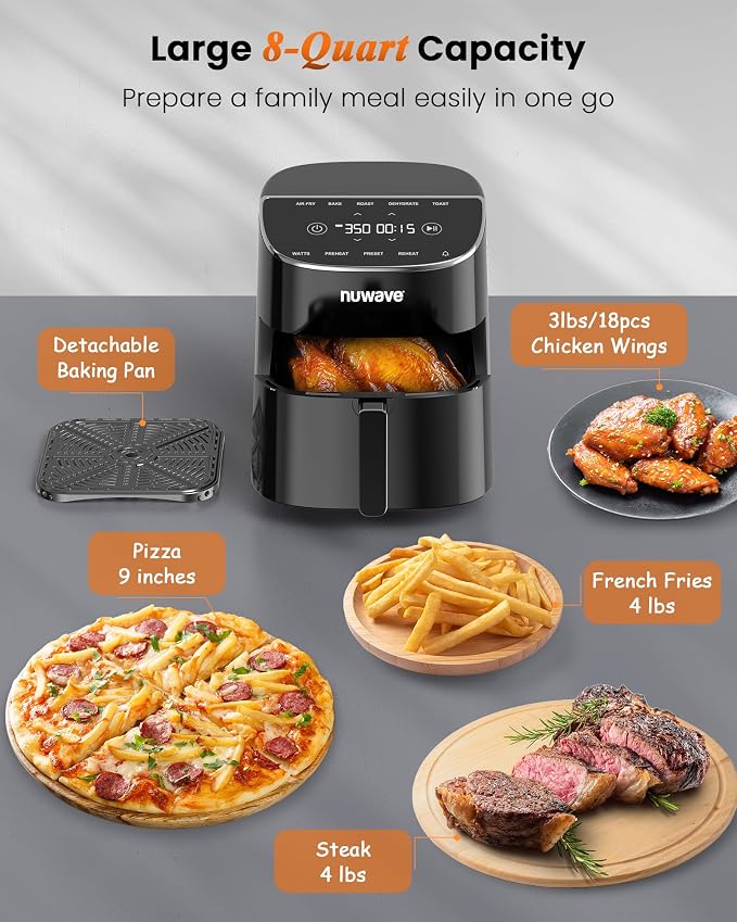 Nuwave Brio Plus Air Fryer 8 Qt, New & Improved, PFAS-Free Ceramic Coating | 7 Digital One-Touch Modes: Air Fry/Bake/Roast/Dehydrate/Toast/Reheat/Preheat; 150 Presets; 50°F-400°F; 700/1500/1800W; Black
