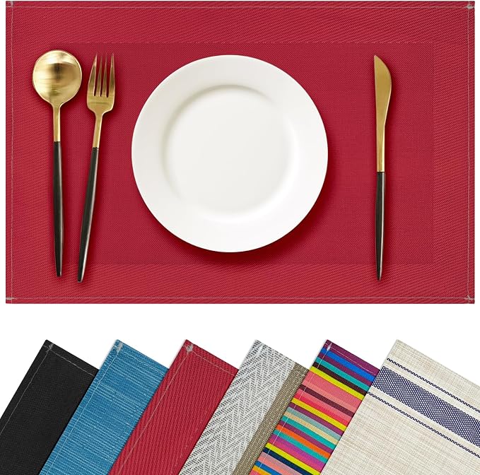 Red Placemats Set of 8, 12x18 Inch Faux Linen Table Mats | Heat Resistant and Washable Design, Easy to Clean Surface for Dining Rooms, Kitchens, Outdoor Parties and Everyday Home Decor