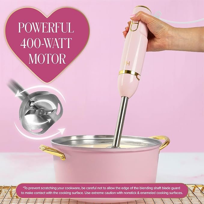 Paris Hilton Hand Blender Set, 3-in-1 Immersion Blender with Whisk, Blending & Chopper Attachments, 400W High Speed, Pink with Gold Accents, Handheld Blender for Smoothies, Soups, Sauces, Cream, Pink