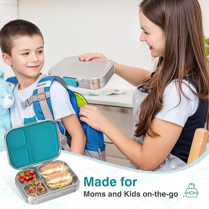 HOMEKOL Stainless Steel Bento Lunch Box 3 Compartments, 3.3 Cups, Blue | for Kids Adults, Leak-Proof Metal Lunch Container for Office School Picnic, BPA-Free, Dishwasher Safe