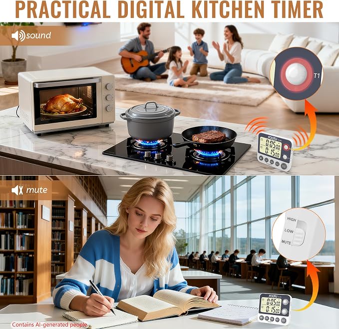 Digital Dual Kitchen Timer, 2Groups Count Up/Down Timer for Cooking | Large Display, Magnetic Back, Memory Presets, Loud Alarm, LED Alert, Stand, On/Off, 100Hr Max, 3A Battery Included