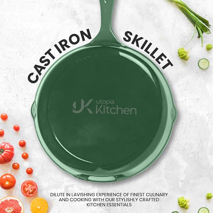 Utopia Kitchen Cast Iron Skillet Set 3 Piece 6 8 10 Inch PFAS-Free Green | Chef Pan, Even Heat Distribution, Stovetop, Campfire and Grill Safe, Large Skillet Set, Indoor Outdoor Use