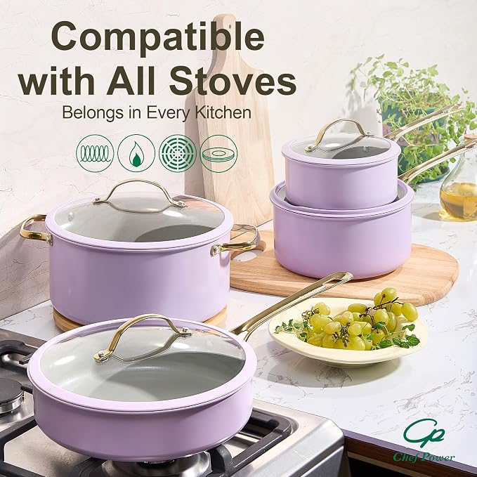 Ceramic Frying Pan with Stainless Steel handle 5Pcs Set, Non Stick Grill Pan Set, Dishwasher and Oven Safe, Light Purple and Granite Grey