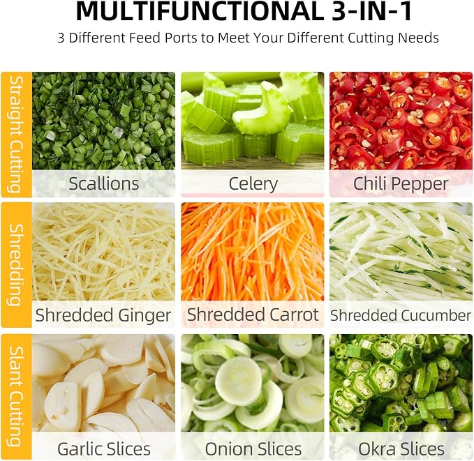 Electric Vegetable Chopper, 200W Commercial Vegetable Slicer, Scallion Cutter Food Processor With 3 Feed Ports, 1-5mm Adjustable Thickness, 6000RPM For Onion Garlic Ginger Chili Potato,110V