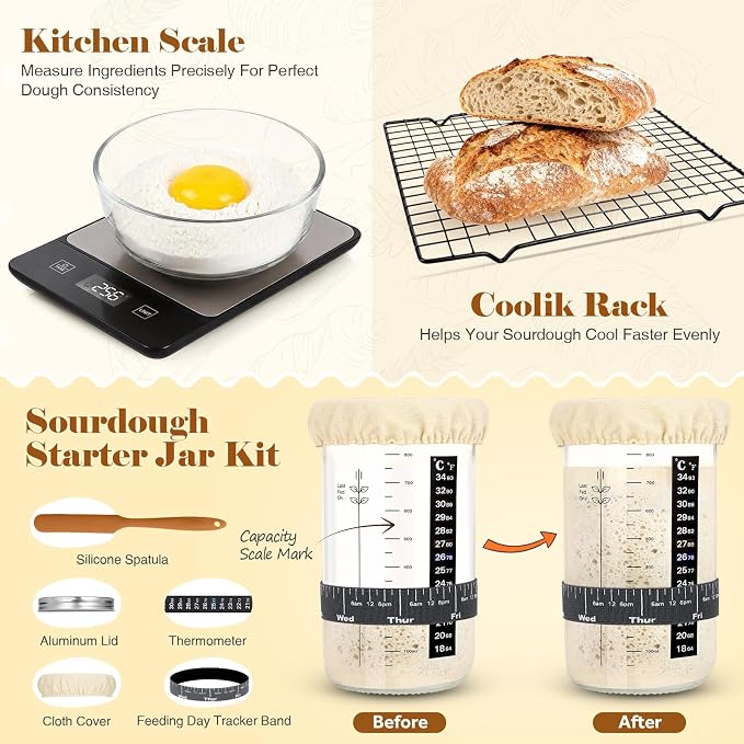 Sourdough Starter Kit Complete Set with Dutch Oven and Scale | 9" Round & 10" Oval Proofing Baskets, Sourdough Bread Baking Supplies, Beginner Kit Gifts for Bakers Women Wife Mom