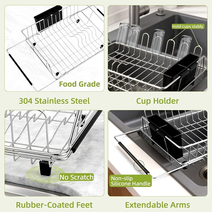 in Sink Expandable Dish Drying Rack with Silicone Mat-Extra Large Stainless Steel Dish Drainer Over The Sink with Utensil Holder, Applicable for Sink Width 16'-22' (Silver,23.2'*12.2')