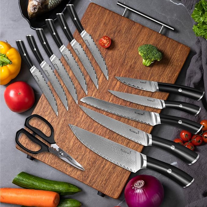 KUISINE 14-Piece Damascus Knife Set with Block, Ultra Sharp | Ergonomic Non-slip Handle Chef Knife Set with Built-in Sharpener, Dishwasher Safe, Luxury Gift for Holiday