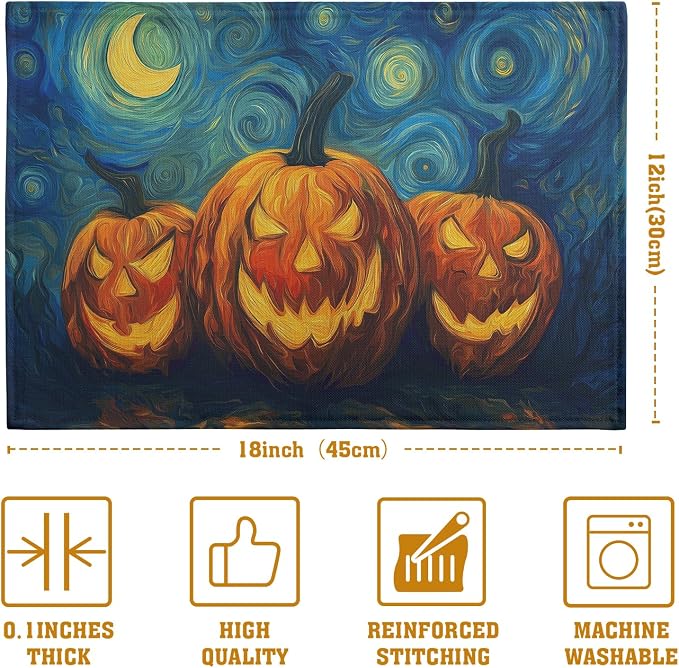 Halloween Placemats Set of 4 Pumpkin Vincent Van Gogh Starry Night Art Linen Table Mats 12x18 Inch Jack O Lantern Farmhouse Place Mats for Party Kitchen Dining Outdoor Indoor Decor