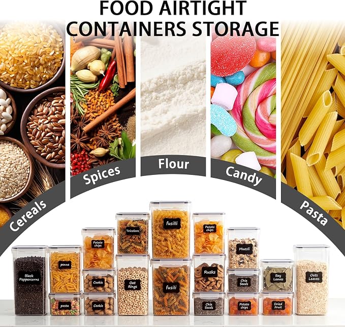 24 PCS Airtight Food Storage Containers with Lids, Plastic Kitchen and Organization Canisters for Cereal, Dry Food, Flour and Sugar, BPA-Free, PVC-Free, Includes 24 Black Labels & Marker