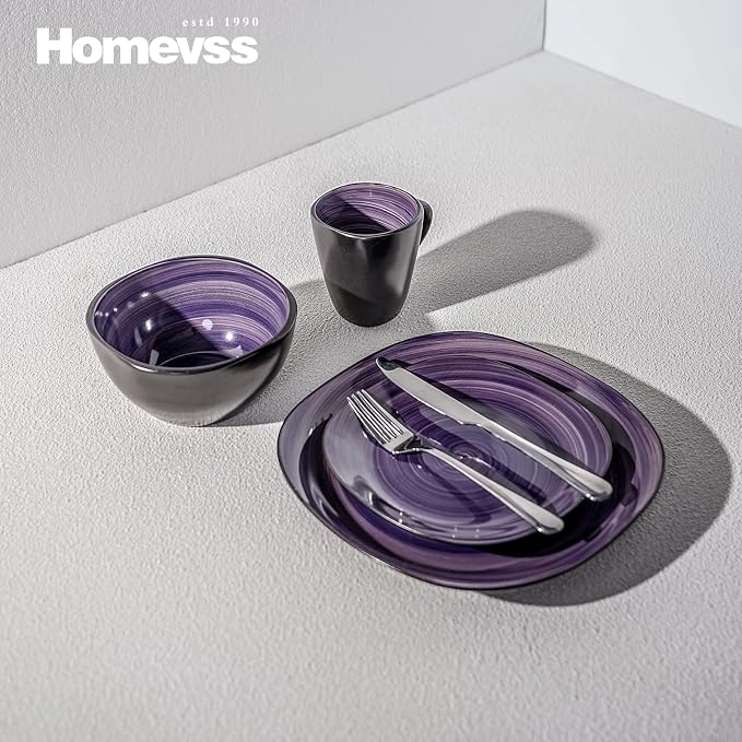 HomeVss 16-Piece Square Dinnerware Set - Serves 4, Inside Spinwash Swirl Purple + Outside Black Plates & Bowls Set | Microwave & Dishwasher Safe