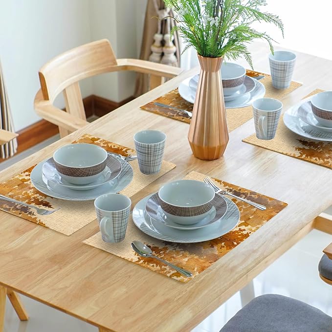 Fall Tree Placemats Set of 6 18x12 Inch Autumn Forest Linen Place Mats Heat-Resistant Washable Wipeable Orange Pine Tree Table Mat for Party Kitchen Dining Room Dinner Table Decor