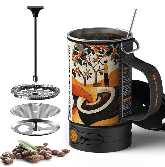 STOKE VOLTAICS Electric French Press Coffee Maker, 120V Boil Water & Press Coffee 2-in-1, Portable Design for Camping, Travel, 6 Minute Brew Ready