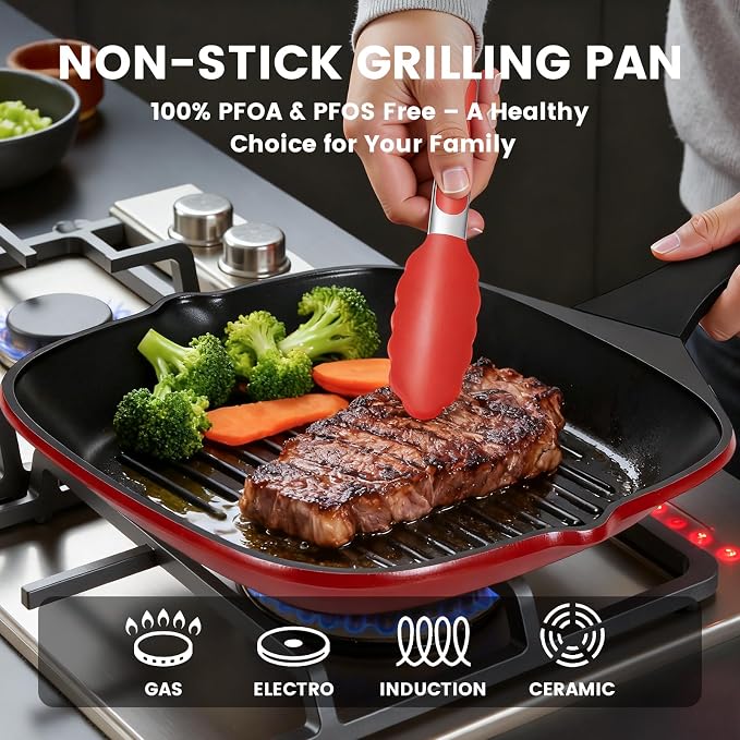 11" Nonstick Grill Pan for Stove Top, Square Steak Grill Skillet | Steakhouse Grill Marks • PFOA-Free Nonstick • Even Heat Distribution