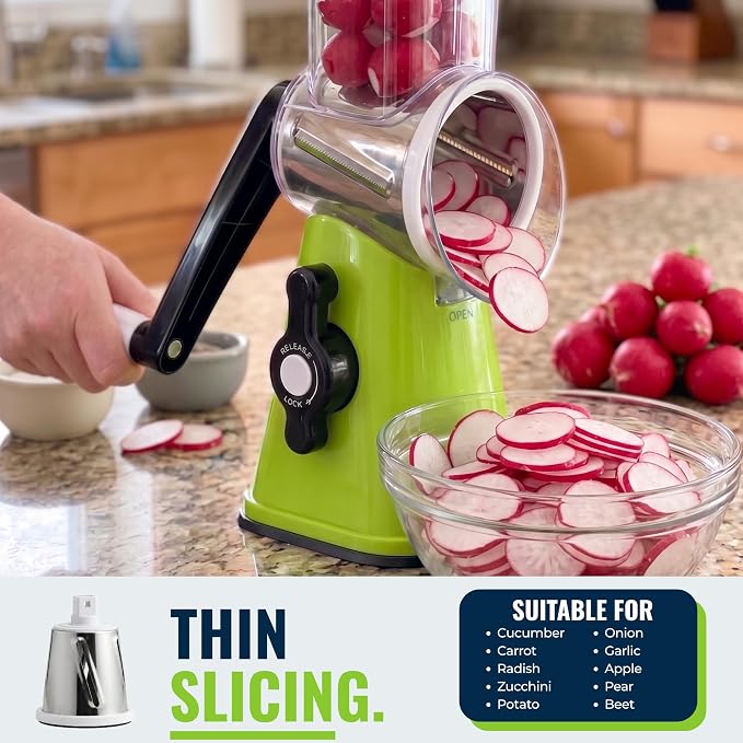ICO Rotary Cheese Grater with Handle – Manual Vegetable Slicer & Round Shredder – 3 Interchangeable Stainless Steel Blades for Cheese, Nuts, Chocolate – Strong Suction Base Kitchen Mandoline