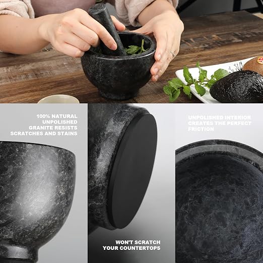 African Natural Granite Mortar and Pestle Set, Grinder Bowl for Guacamole, Salsa, Pill Crusher, Spice, Herb, Garlic, Nut, Heavy Duty Grinder for Kitchen (Glossy Finish)