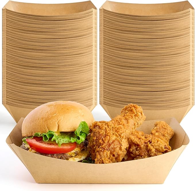 ZORRITA Extra Large Paper Food Trays, 5 LB, 100 Pack | Disposable, Kraft Paper, Nacho Trays, Food Boats, Party Serving Baskets, For Sandwiches Burgers Popcorns Snacks