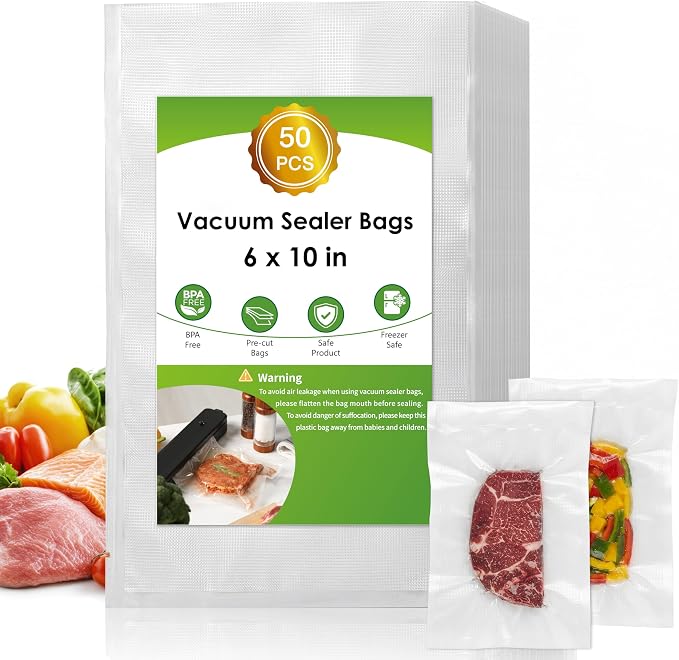 Vacuum Sealer Bags for Food Storage, 6" x 10" Vacuum Seal Bags, 50 Count | 3Mil Embossed BPA-Free Puncture-Resistant Bags, Universal Fit for Sous Vide, Meal Prep, Freezer Storage & Food Preservation