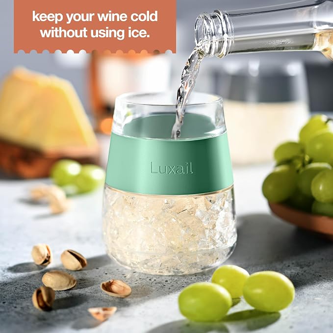 luxail Wine Glasses, Plastic Wine Glasses Set of 2, Wine Gifts, Double Wall Insulated Freezer Tumbler, Stemless Freezer cups for Red and white Wine, 8.5 Oz, Sage Green