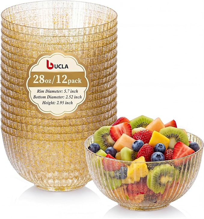 bUCLA 12 PCS Plastic Cereal Bowls Set - 28 Oz Gold Glitter Disposable Vertical Stripes Serving Bowls for Snack, Salad, Dessert & Fruit