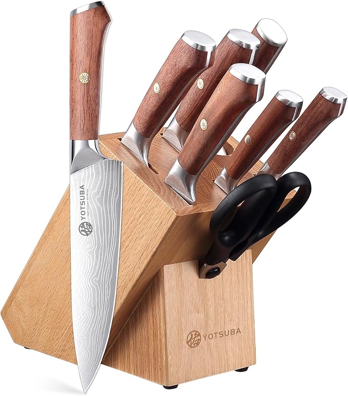 YOTSUBA 8 PCS Japanese Kitchen Knife Set with Block, Ultra Sharp Knives Set | Ergonomic Premium Natural Rosewood Handle, High Carbon Stainless Steel, Full Tang Construction, Poke-Proof Construction