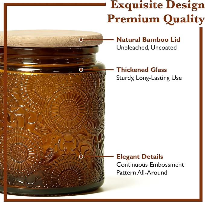 8 oz Decorative Small Glass Jars with Airtight Bamboo Lids, Amber 6 Pack | Vintage embossed color coated containers, kitchen pantry bathroom organization & decor, spices, DIY gifts, candle making