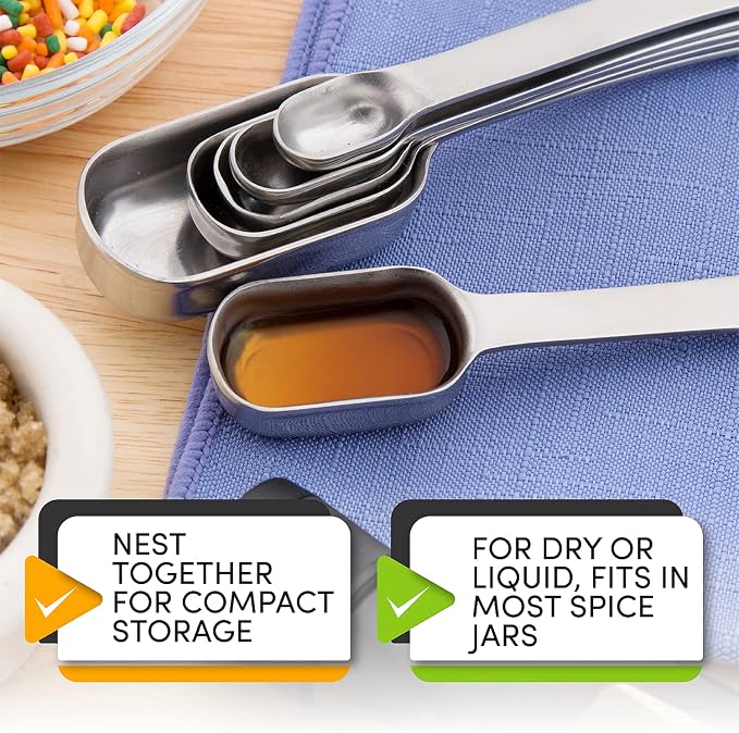 Spring Chef Nesting Stainless Steel Measuring Spoons Set of 7 with Leveler | Rectangular Metal Teaspoon & Tablespoon Measuring Spoons for Dry & Liquid Ingredients, Fits in Spice Jars, Long Handle