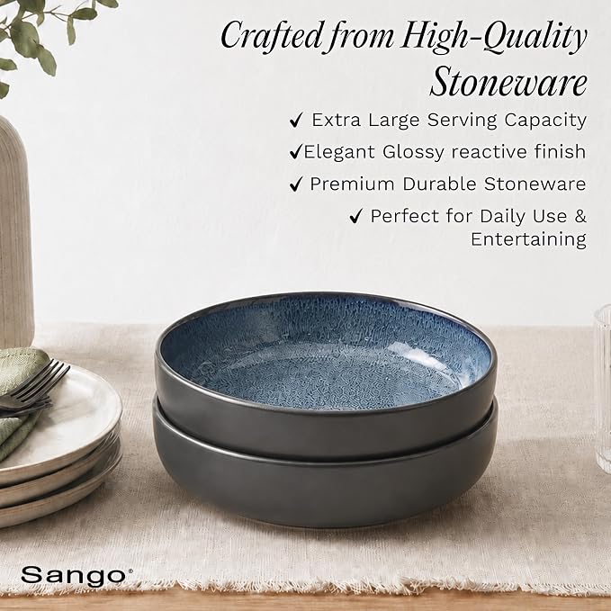 Sango Resona Blue & Black Large Serving Bowl (Set of 2), 64.25 oz, 10" Stoneware Bowls for Pasta, Salad & Dinner, Ceramic Bowls for Entertaining with Glossy Reactive Glaze, Dishwasher & Microwave Safe