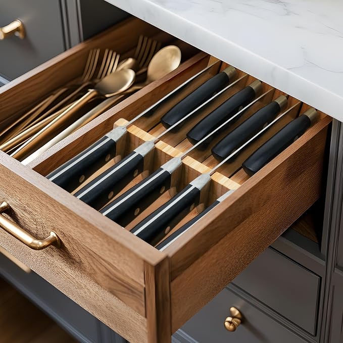Utoplike Knife Drawer Organizer, Bamboo Knives Block for Kitchen Drawers | Small Knives Holder for Steak, Paring, Bread Knife, Holds Up to 9 Knives (Not Included), Compact Drawer Organization Storage