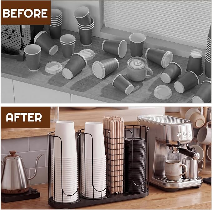 18oz Adjustable Coffee Cup Dispenser with Wooden Base, Cup and Lid Holder, Cups Holder Organizer for Coffee Pod Straw and Lid Storage(4-compartment Single,Color 7)
