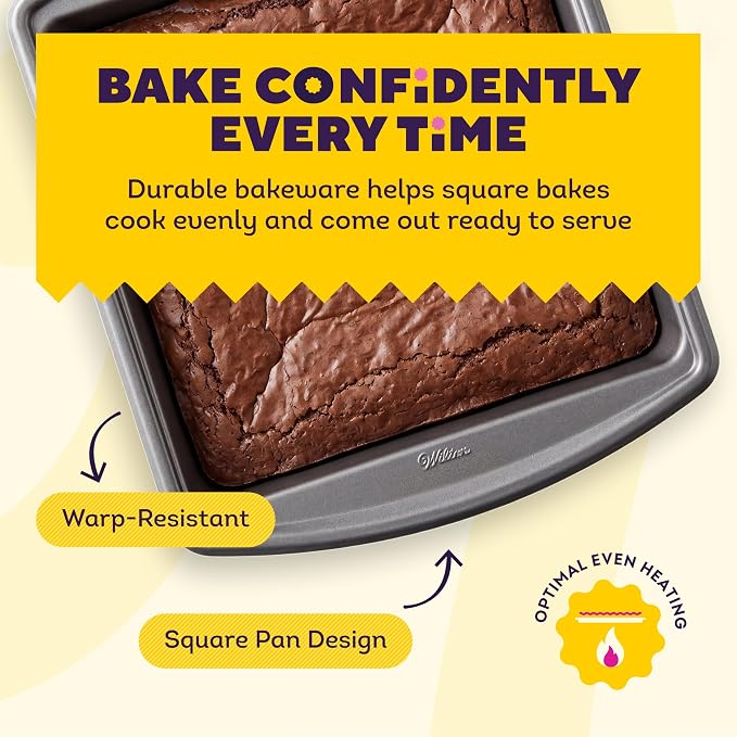 Wilton Platinum Non-Stick Square Pan, Stainless Steel, 9 x 9 in. | DURALAST Silicone Infused Double Coating, 5X More Durable with Anti-Warping Technology, Perfect for Brownies & Square Cakes