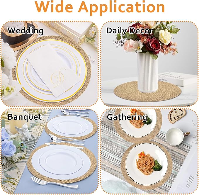 100 Pcs Round Burlap Placemats 11.8 Inch Bulk Burlap Reusable Placemats Circle Brown Table Mats Rustic Table Decorations for Dinner Wedding Farmhouse Table Decor