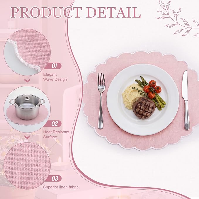 Set of 12 Pink Cotton Placemats 15" Round Scalloped White | Double Layered Cotton Fabric, Washable Embroidery, White Edge Edge, Rustic Table Mats for Wedding Dining Table Decor