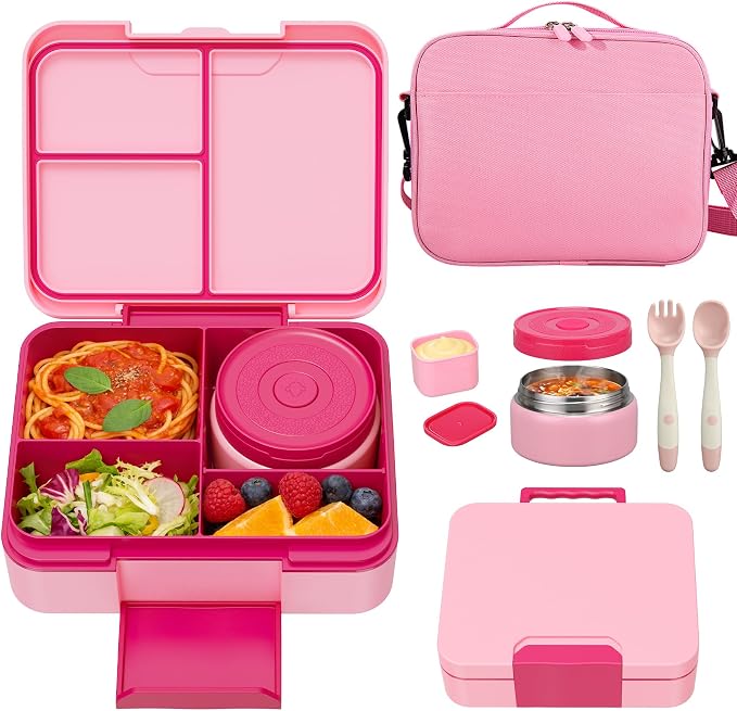 Kids Bento Lunch Box Set with 9.5oz Soup Thermo, Leak-Proof Lunch Food Containers with 3 Compartment and Removable Inner Tray, Insulated Hot Food Jar with Lunch Bag for School, Office, Pink