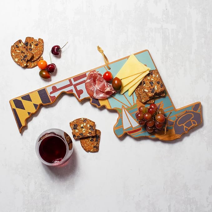 Totally Bamboo Maryland State Shaped Cutting Board, Summer Stokes Art | State charcuterie board with colorful hand-drawn landscape art. Smooth reverse side for food prep. Hang tie for wall display.