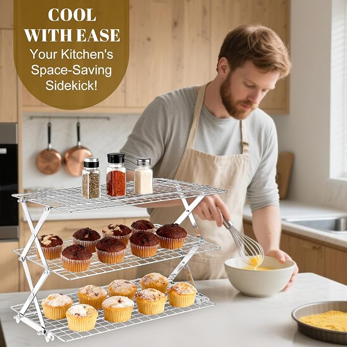 BEWOS 3-Tier Collapsible Cooling Rack - Adjustable Stainless Steel Baking Rack with X-Shaped Design and Leak-Proof Mesh Surface, Mirror Polished & Dishwasher Safe Cooling Rack