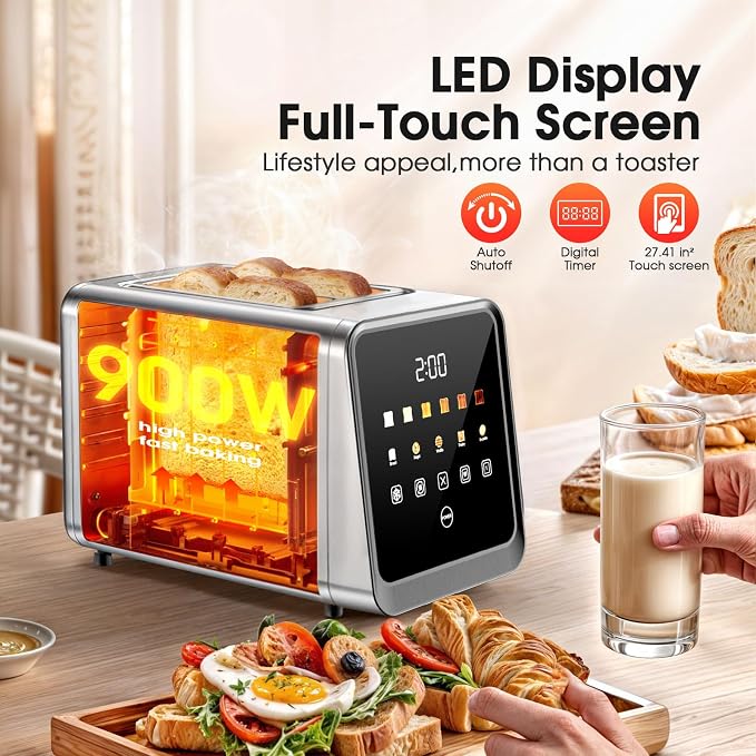 2 Slice Toaster with Touch Screen, 1.5" Wide Slot for Bagels, Smart Digital | Toasters with Single Slot Toasting, Memory Function, 5 Bread Types & 6 Shade Settings, Defrost, Reheat, Removable Crumb Tray