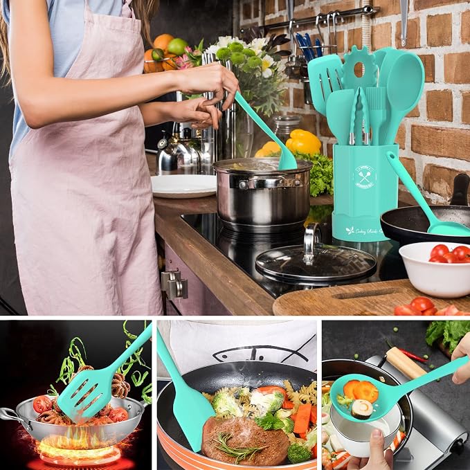 Silicone Kitchen Utensils Set, 16-Piece Silicone Cooking Utensils by Deedro | Heat Resistant Kitchen Tools Set with Holder, Nonstick Spatula Kitchen Gadgets for Cooking & Baking, Green