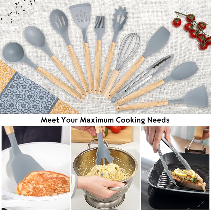 19PCS Gray Kitchen Cooking Utensils Set Kitchen Tools Set | 6 Stainless Steel Knives, 11 Silicone Utensils with 1 Cutting Board, Ideal for Apartment