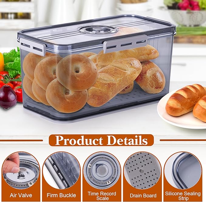 ANYPROLUS Bread Box for Homemade Bread Boxes for Kitchen Counter Airtight, Time Recording Bread Storage Container with Lid, Bread Containers Storage Airtight Loaf Bread Keeper, Grey