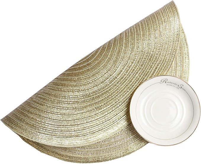 SHACOS Gold Glitter Round Placemats Set of 6 Bling Circle Place Mats Washable Table Mats for Christmas Holiday Party Wedding Shower Table Decor (6, Gold)