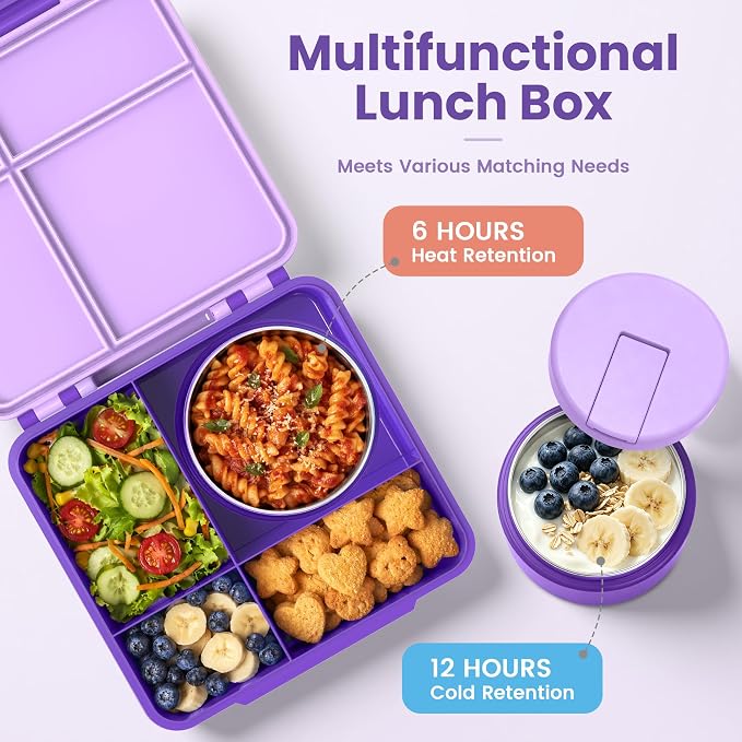 LOHASOK Bento Lunch Box for Kids with 8oz Soup Thermo, Purple | 4-Compartment, Leak-Proof Lunch Containers with Insulated Food Jar and Silicone Foldable Spoon Fork