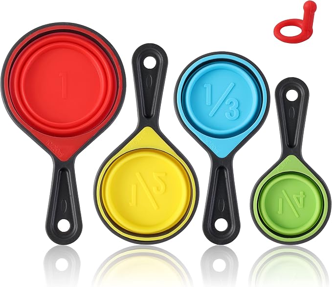 Collapsible Colander Set - 2 Pc Strainer Plus Food Grade Silicone Measuring Cups and Spoons - Pasta Strainer for Draining, Vegetables, Fruits 1 Medium 4-Quart & 1 Small 2-Quart - Home Essentials
