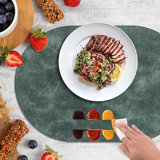 ADRIMER Placemats, Heat Resistant Oval Placemats Set of 8 Washable 12 x 17 Inch, Waterproof Table Mats, Wipeable Pu Place Mats for Kitchen, Dining Room, Blue & Green