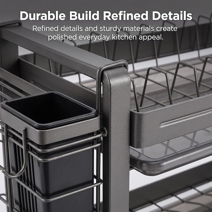 Dish Drying Rack for Kitchen Counter, Sink Storage Essentials, Home and Apartment Decor, Gray, 2-Tier Carbon Steel, Including Knife Holder, Utensil Holder, Cutting Board Stand